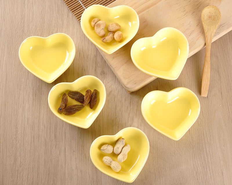 WHJY Yellow Love Heart Shaped Ceramic Side Dish Bowl, Contemporary Porcelain Side Dishes Bowl, Seasoning Dishes Soy Dipping Sauce Dishes for Wedding Birthday Party- Set of 6 - Image 5