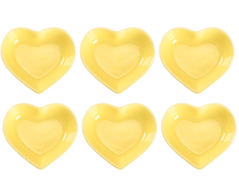 WHJY Yellow Love Heart Shaped Ceramic Side Dish Bowl, Contemporary Porcelain Side Dishes Bowl, Seasoning Dishes Soy Dipping Sauce Dishes for Wedding Birthday Party- Set of 6 - Image 1