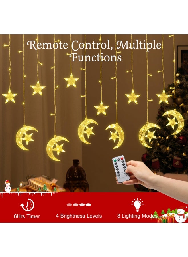 Chielor 138 LED Star Moon String Curtain Lights,Hanging Fairy Lights with 6H Timer & 8 Modes,USB & Remote Control Ramadan String Lights for Christmas Bedroom Wedding Party Xmas Indoor Decor,Warm Light - Image 2