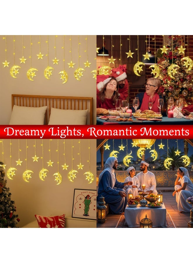 Chielor 138 LED Star Moon String Curtain Lights,Hanging Fairy Lights with 6H Timer & 8 Modes,USB & Remote Control Ramadan String Lights for Christmas Bedroom Wedding Party Xmas Indoor Decor,Warm Light - Image 4