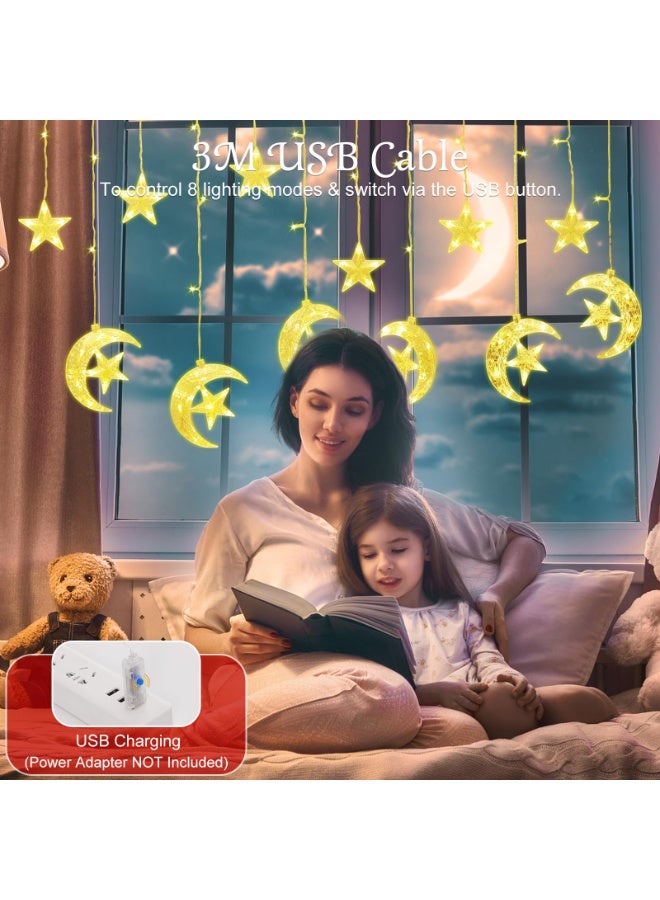 Chielor 138 LED Star Moon String Curtain Lights,Hanging Fairy Lights with 6H Timer & 8 Modes,USB & Remote Control Ramadan String Lights for Christmas Bedroom Wedding Party Xmas Indoor Decor,Warm Light - Image 5