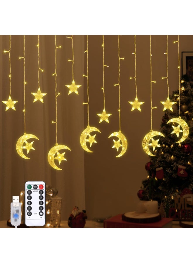 Chielor 138 LED Star Moon String Curtain Lights,Hanging Fairy Lights with 6H Timer & 8 Modes,USB & Remote Control Ramadan String Lights for Christmas Bedroom Wedding Party Xmas Indoor Decor,Warm Light - Image 1