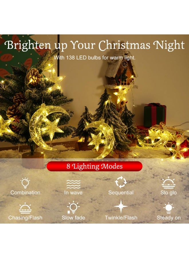 Chielor 138 LED Star Moon String Curtain Lights,Hanging Fairy Lights with 6H Timer & 8 Modes,USB & Remote Control Ramadan String Lights for Christmas Bedroom Wedding Party Xmas Indoor Decor,Warm Light - Image 3