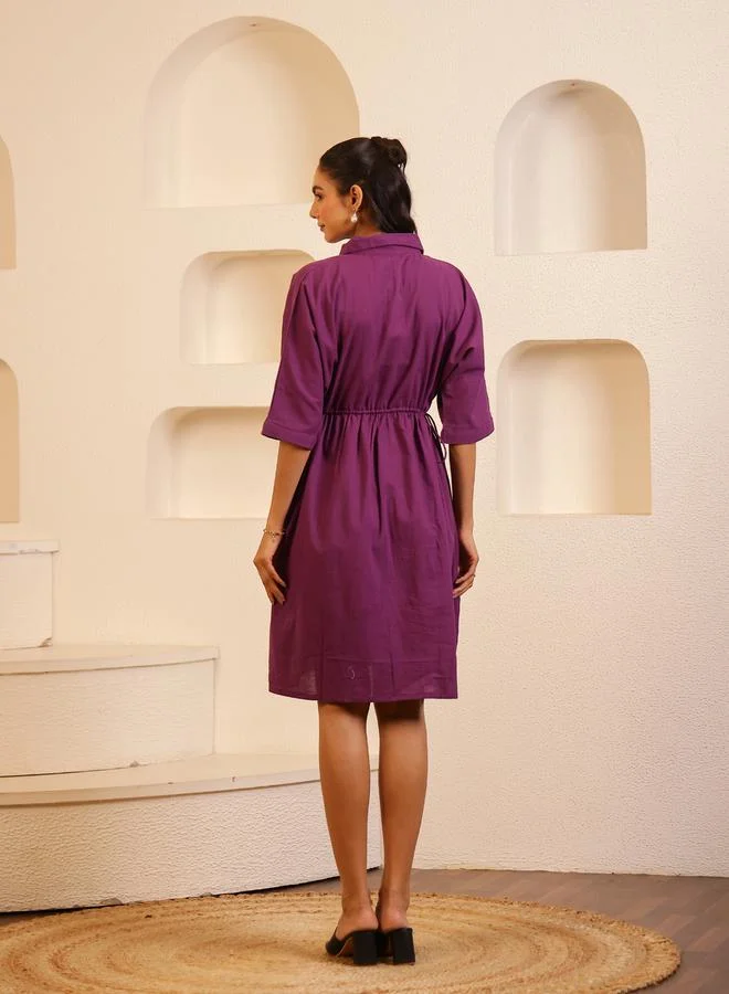 سانسكريتي هومز Sanskrutihomes Purple Solid Collared A-Line Knee-Length Dress with Button Front