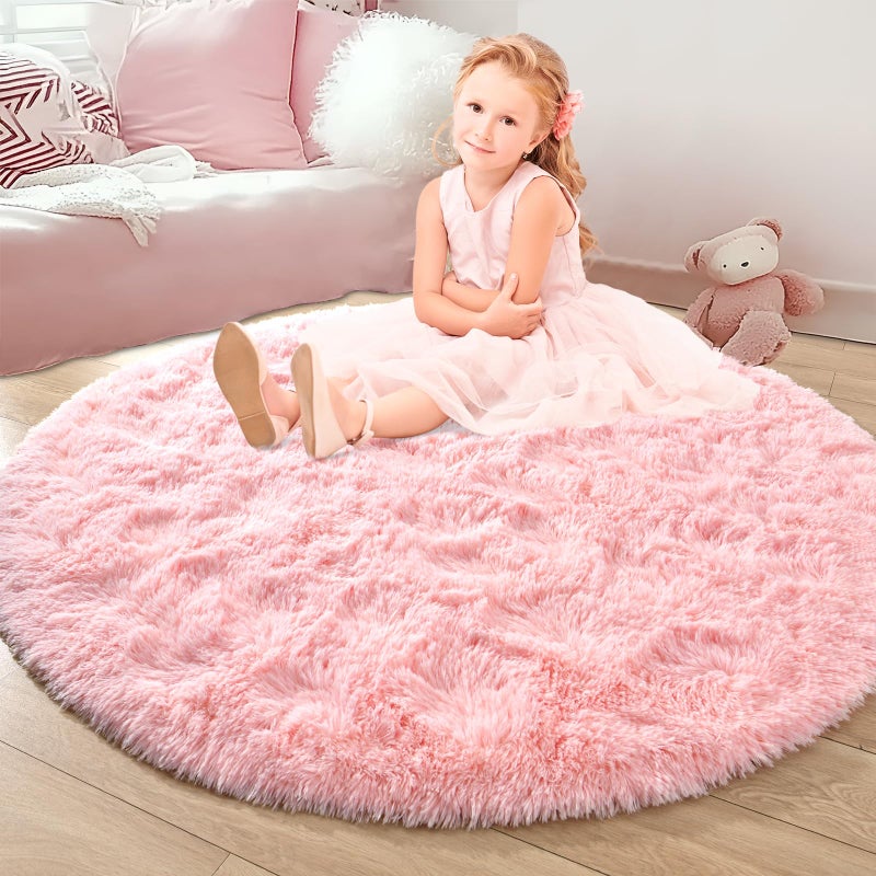 junovo Pink Round Rug 4x4 Feet Fluffy Soft Area Rugs for Kids Girls Room Princess Castle Plush Shaggy Carpet Cute Circle Nursery Rug for Girls Bedroom Baby Home Decor Circular Carpet