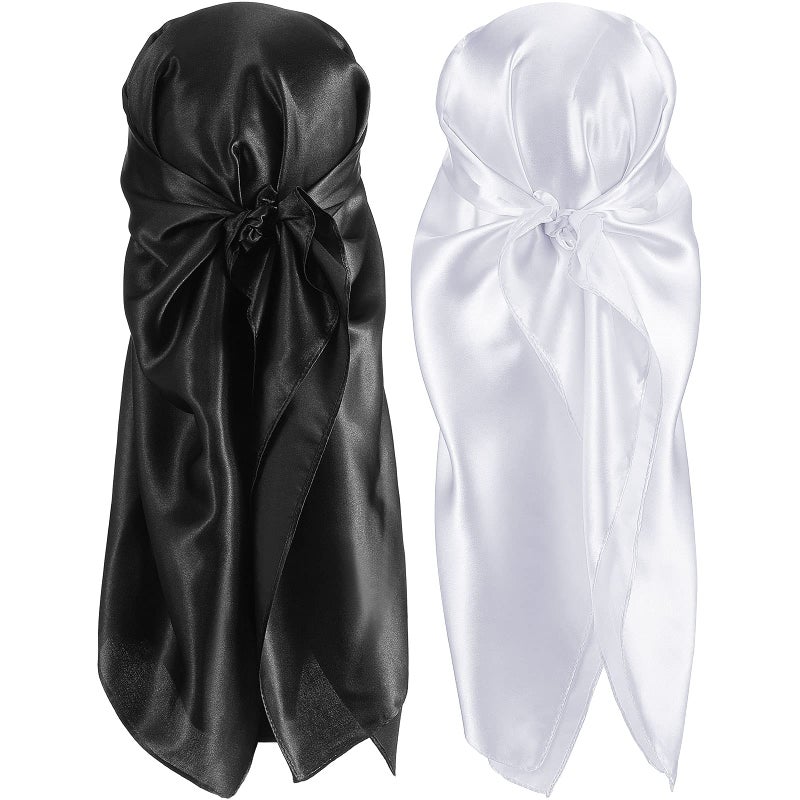 SATINIOR 35 Inch Silky Head Scarf 2 Pcs Large Square Neck Scarf Sleeping Hair Wrapping Satin Bandana for Women(Black, White, Classic) - Image 1