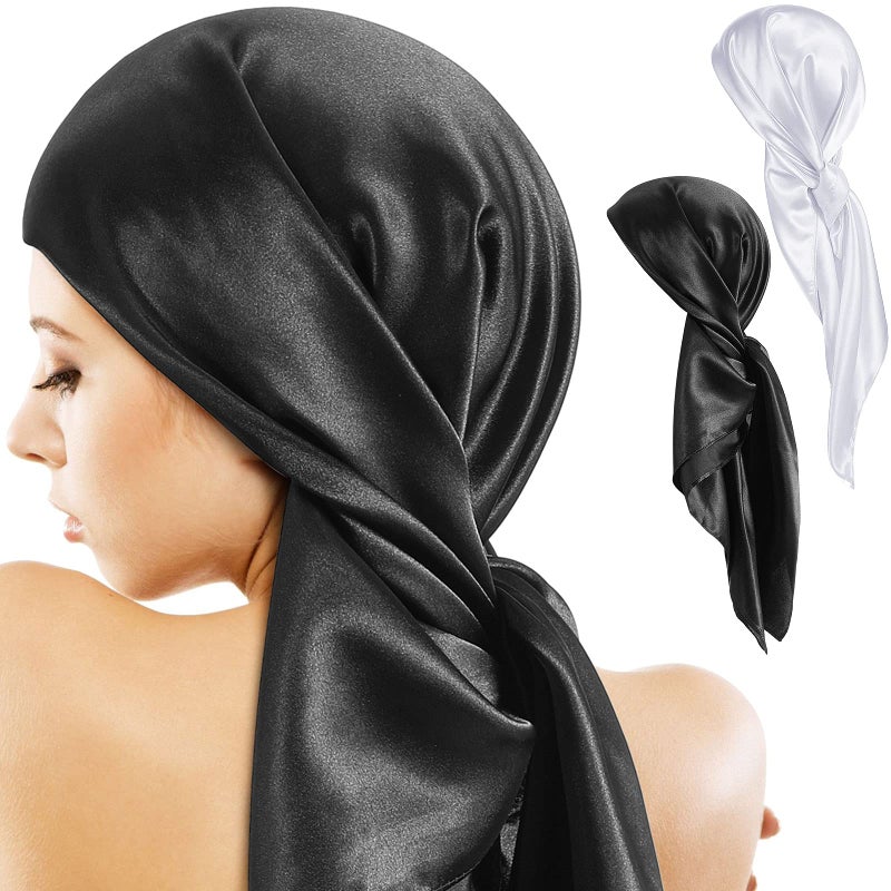 SATINIOR 35 Inch Silky Head Scarf 2 Pcs Large Square Neck Scarf Sleeping Hair Wrapping Satin Bandana for Women(Black, White, Classic) - Image 2