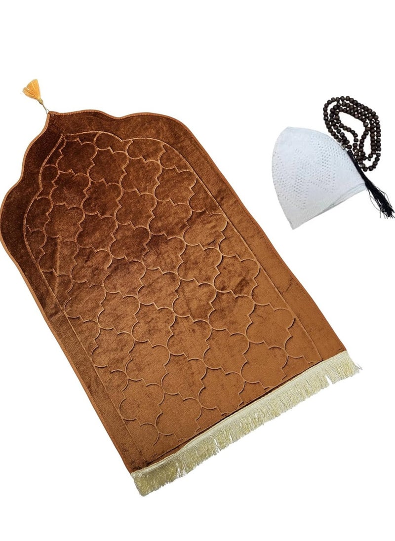Jinou - Prayer Mat with free namaz cap and tasbih beeds – Made With Premium Quality Turkish Velvet with Memory Foam – Ramadan Gift Prayer Rug for Men, Women and Grandparents and Kids. - Image 1