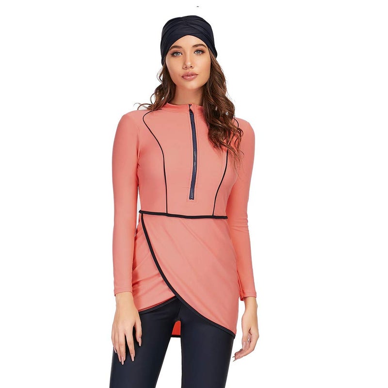 YONGSEN 2024 Women Modest Muslim Swimwear Patchwork Hijab Sport Long Sleeves Swimsuit 3pcs Islamic Burkinis Wear Bathing Suit (Small,Pink) - Image 1
