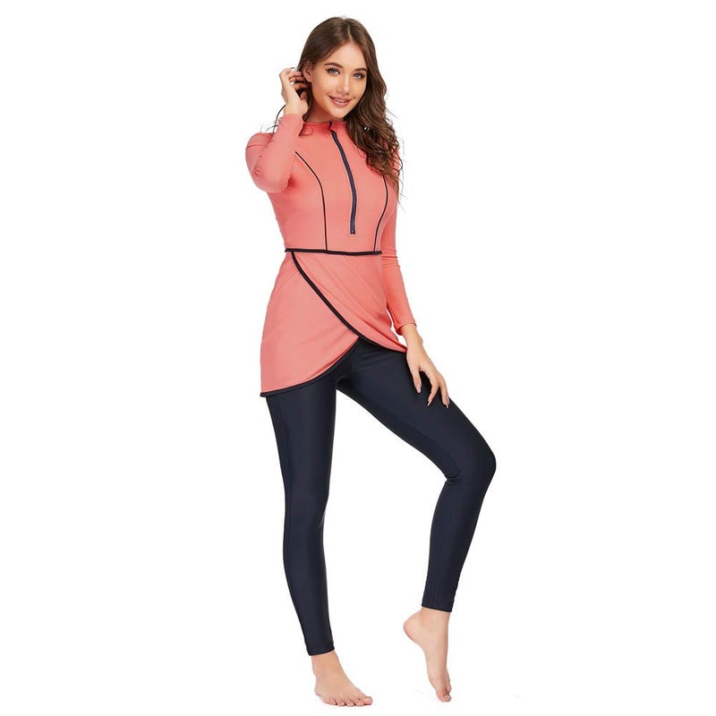 YONGSEN 2024 Women Modest Muslim Swimwear Patchwork Hijab Sport Long Sleeves Swimsuit 3pcs Islamic Burkinis Wear Bathing Suit (Small,Pink) - Image 4