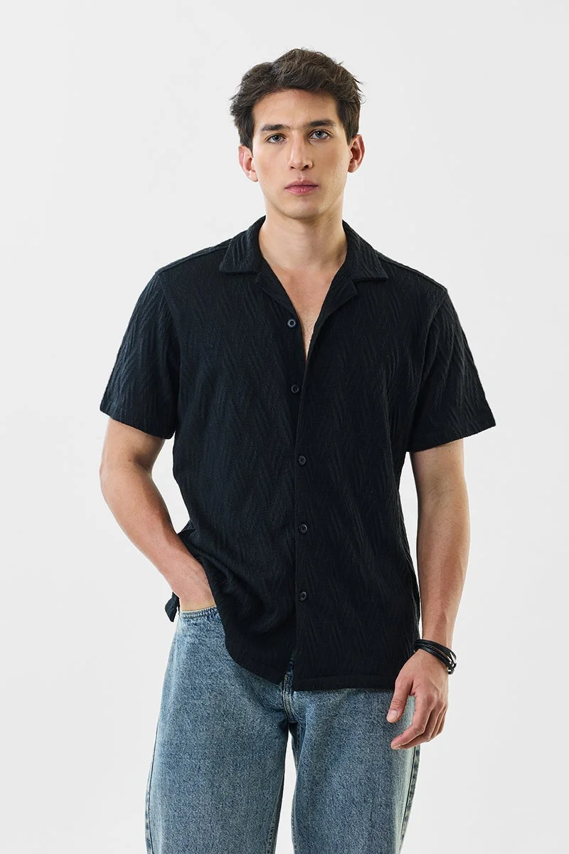 سنيتش Black Textured Half Sleeve Relaxed Shirt