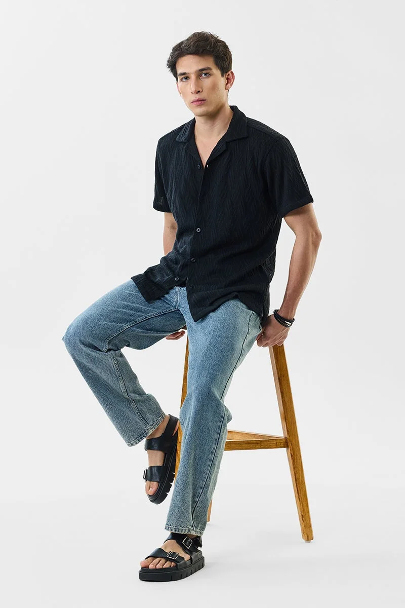 سنيتش Black Textured Half Sleeve Relaxed Shirt