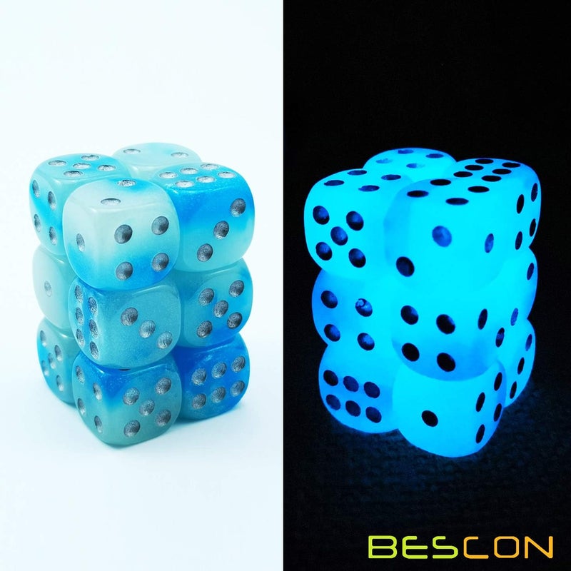 Bescon Two Tone Glowing Dice D6 16mm 12pcs Set of ICY Rocks, 16mm Six Sided Die (12) Block of Glowing Dice - Image 5