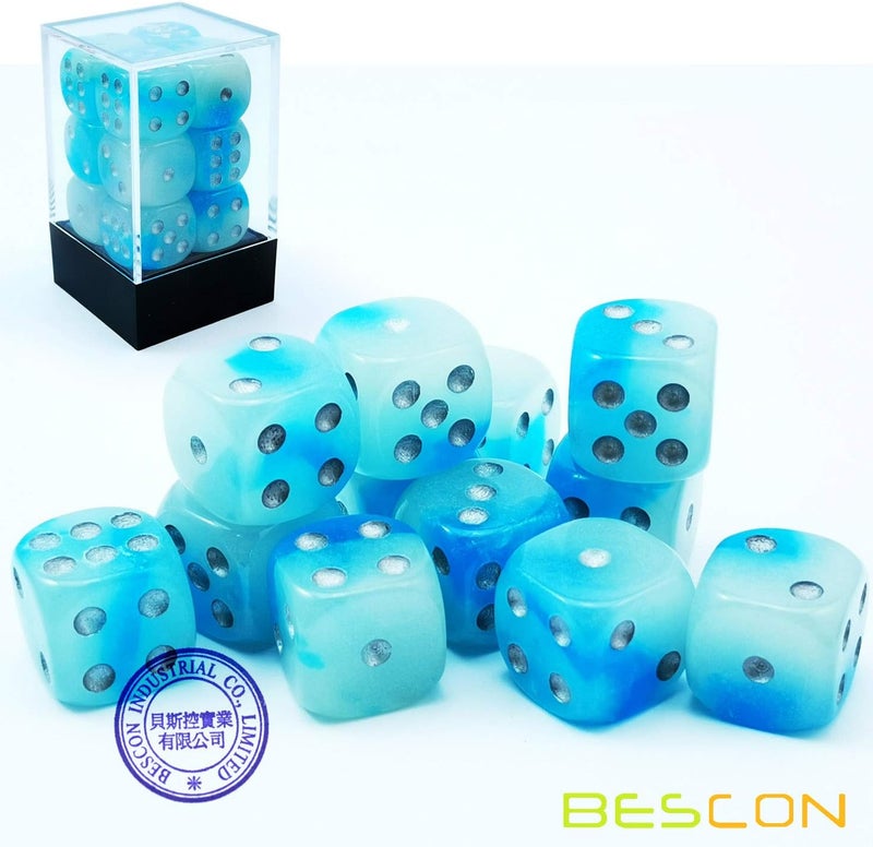 Bescon Two Tone Glowing Dice D6 16mm 12pcs Set of ICY Rocks, 16mm Six Sided Die (12) Block of Glowing Dice - Image 3