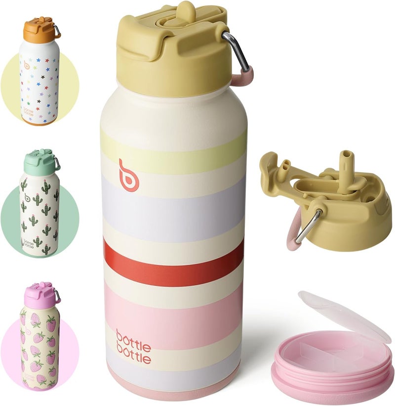 bottle bottle bottlebottle Bottle Bottle Stainless Steel Water Bottle 1 Litre with Straw - Leak-proof Insulated Bottle for Sports & Gym, with Pill Compartment, BPA-Free, Double Walled (Bands) - Image 1