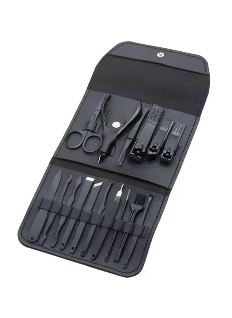 NQOOH - Professional Personal Care Manicure and Pedicure Set 16 Piece Stainless Steel Grooming Kit with Leather Case in Grey Colour - Image 1
