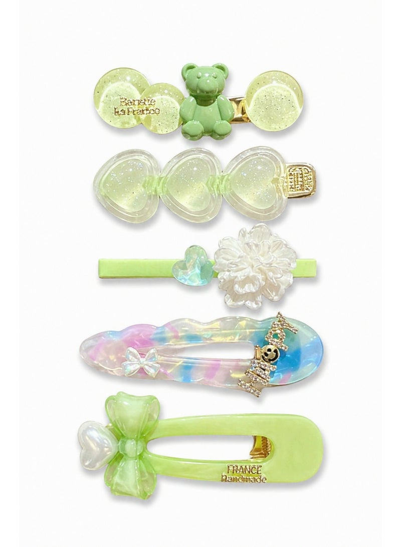 5-Piece Gold Hair Clips Set – Elegant Metal Bobby Pins / Green - Image 1