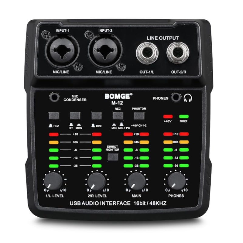 BOMGE M12 USB Audio Interface, 2-Channel Mixer, XLR/3.5mm Input, 48V Power Supply, Sound Card for PC Recording, Studio, Live Show, Karaoke, Plug&Play - Image 4