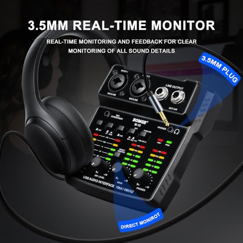 BOMGE M12 USB Audio Interface, 2-Channel Mixer, XLR/3.5mm Input, 48V Power Supply, Sound Card for PC Recording, Studio, Live Show, Karaoke, Plug&Play - Image 3