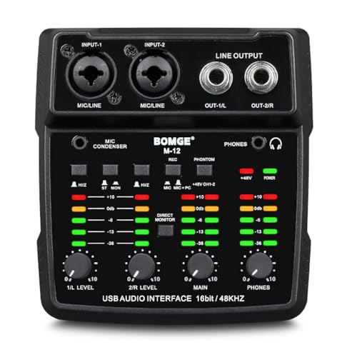 BOMGE M12 USB Audio Interface, 2-Channel Mixer, XLR/3.5mm Input, 48V Power Supply, Sound Card for PC Recording, Studio, Live Show, Karaoke, Plug&Play - Image 1