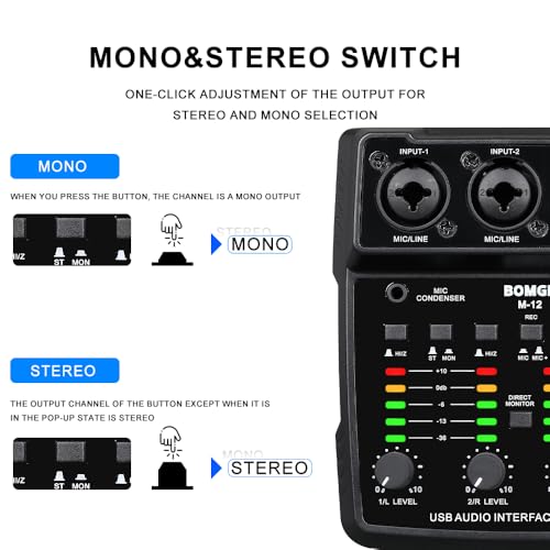 BOMGE M12 USB Audio Interface, 2-Channel Mixer, XLR/3.5mm Input, 48V Power Supply, Sound Card for PC Recording, Studio, Live Show, Karaoke, Plug&Play - Image 5