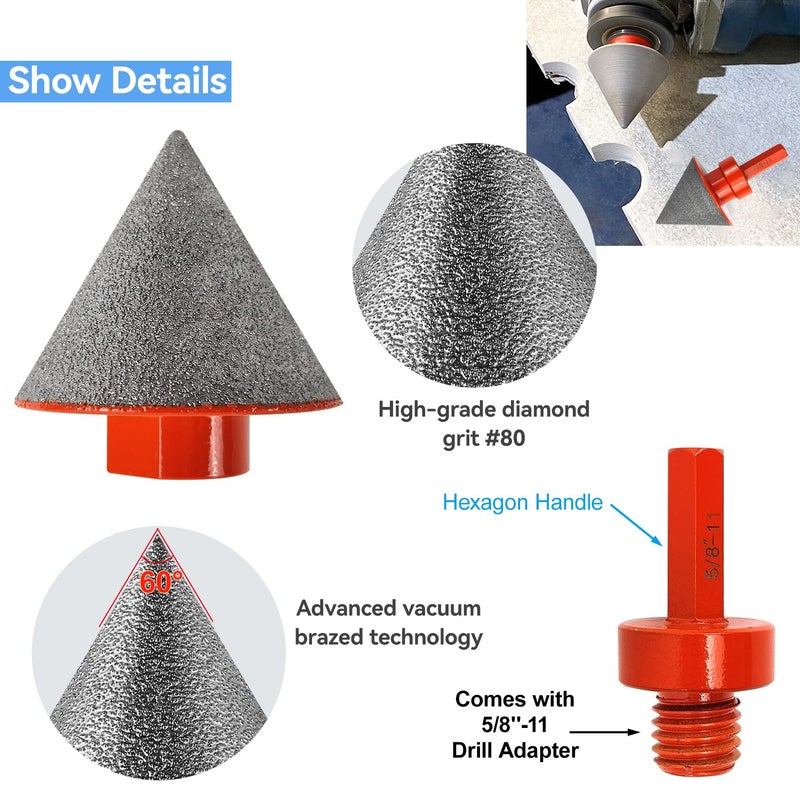YUANYUU 3PCS Diamond Beveling Chamfer Bits Set, Diamond Drill Bits for Ceramic with 5/8"-11 Drill Adapter, Tile Drill Cone Grinder Bit for Existing Holes Enlarging, Trimming, Orange - Image 4