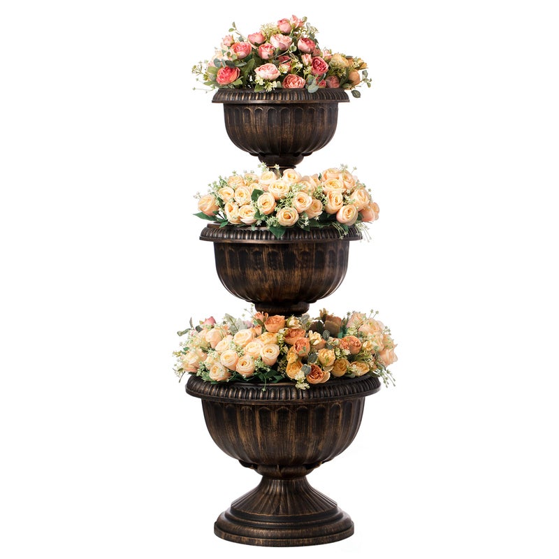 Gardenised Outdoor Garden Triple Stacked Flower Bowl Urn Tier Planter Decoration, Bronze - Image 1