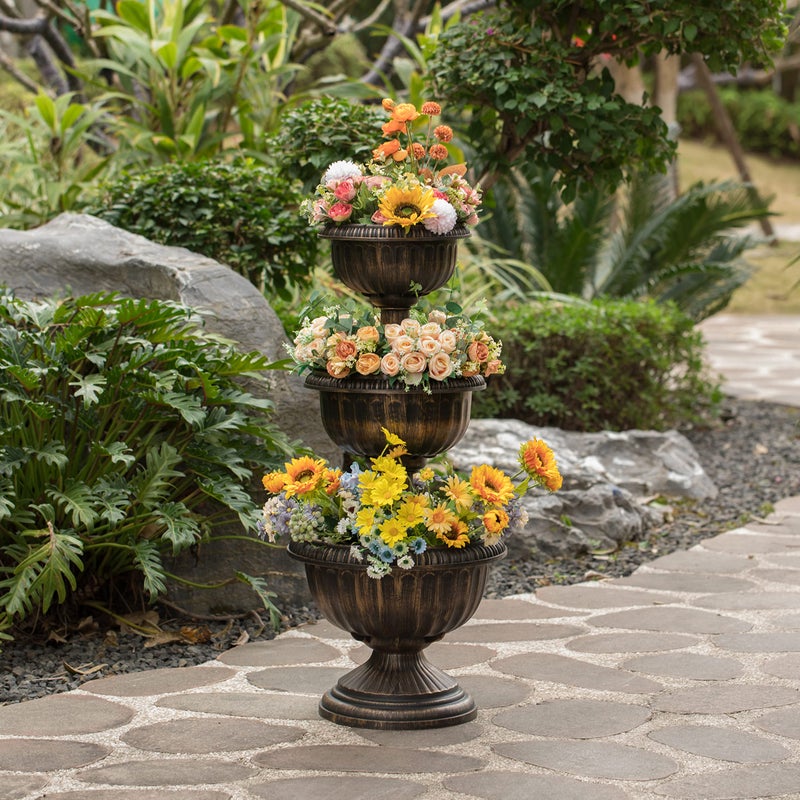 Gardenised Outdoor Garden Triple Stacked Flower Bowl Urn Tier Planter Decoration, Bronze - Image 4