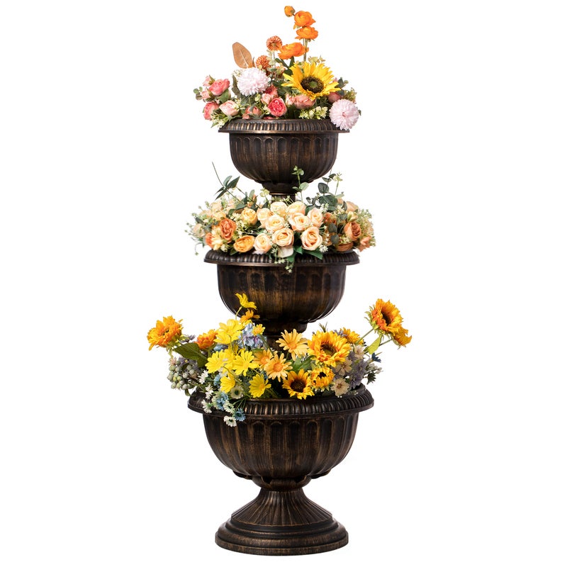 Gardenised Outdoor Garden Triple Stacked Flower Bowl Urn Tier Planter Decoration, Bronze - Image 3