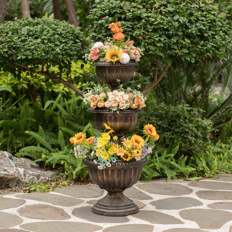 Gardenised Outdoor Garden Triple Stacked Flower Bowl Urn Tier Planter Decoration, Bronze - Image 2
