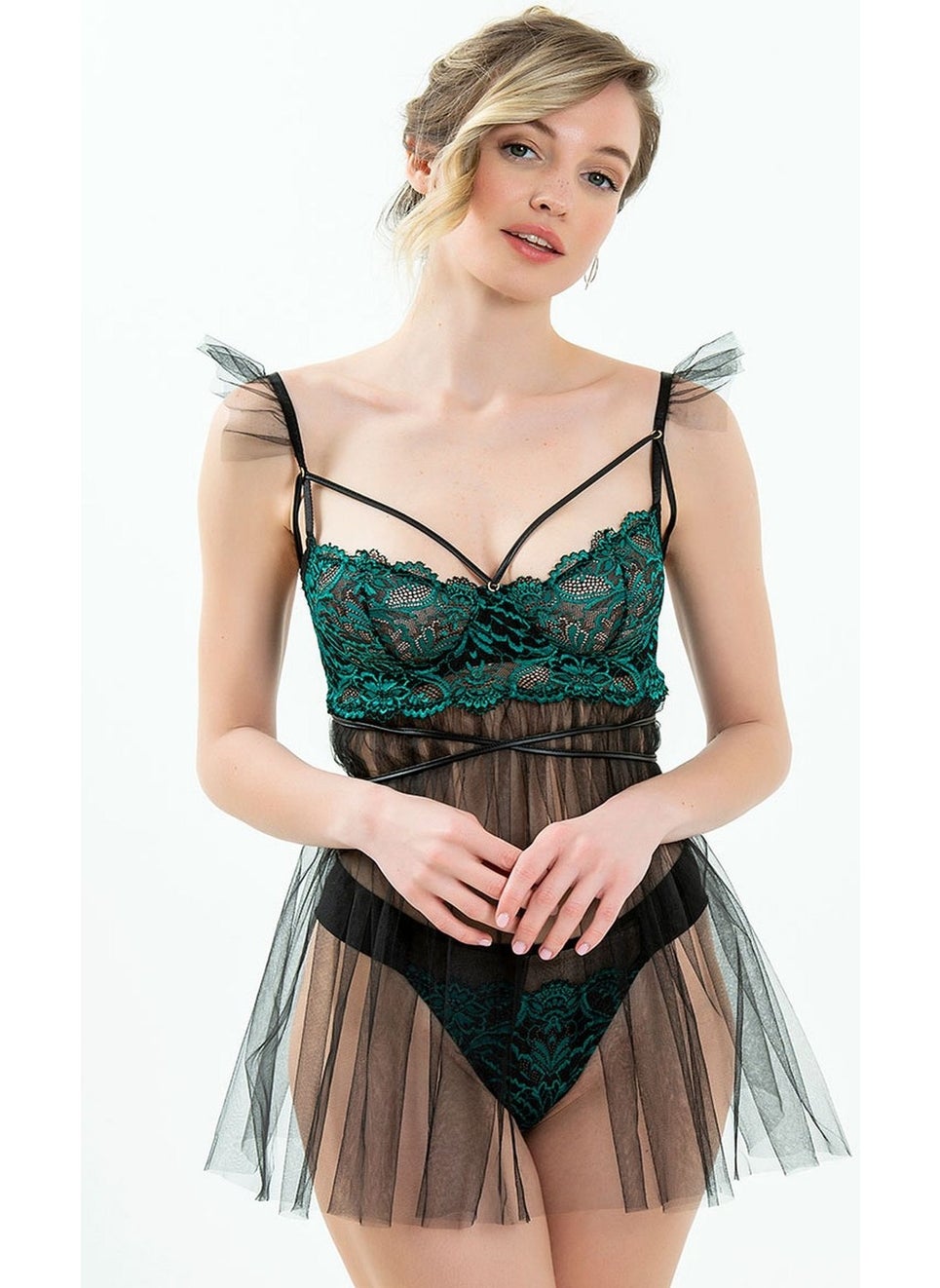 Magic Form 7216 Underwire Bra and Tulle Nightgown-Green  - Image 1