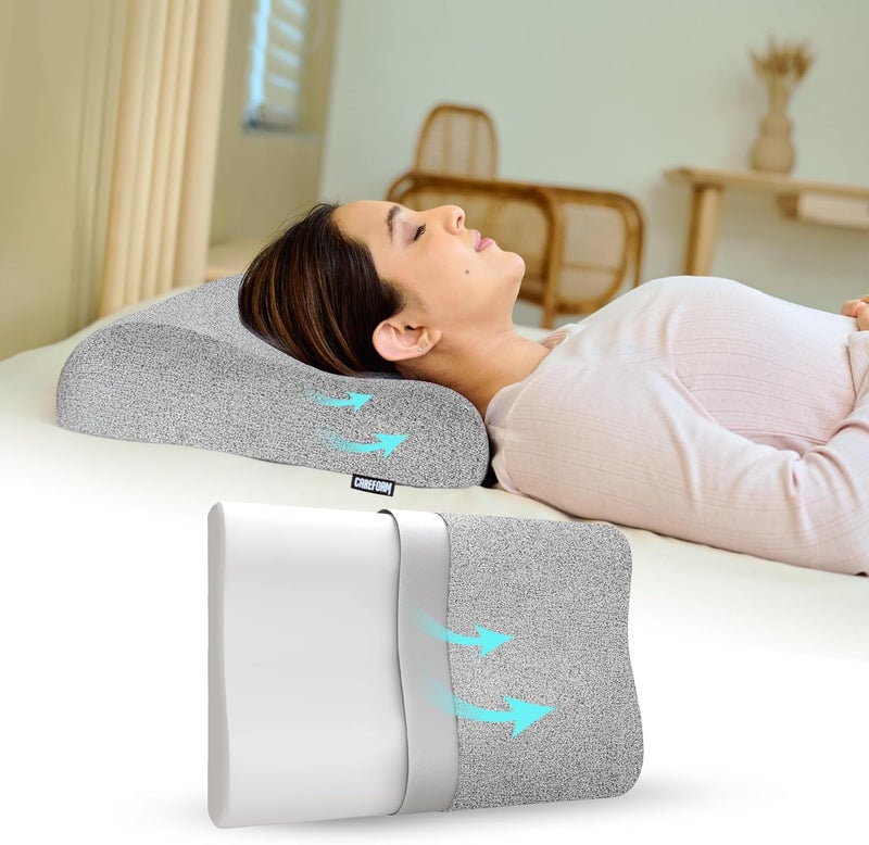CareFoam وسادة عنق من نوع مصنوعة من إسفنج ذكي، ضمان لمدة سنتين، تخفيف الألم أثناء النوم، تحسين وضعية الجسم وتنظيم العمود الفقري، مقاس 23 × 14 × 4.5 بوصة، غطاء بلون أسود مختلط، عبوة واحدة. - Image 4