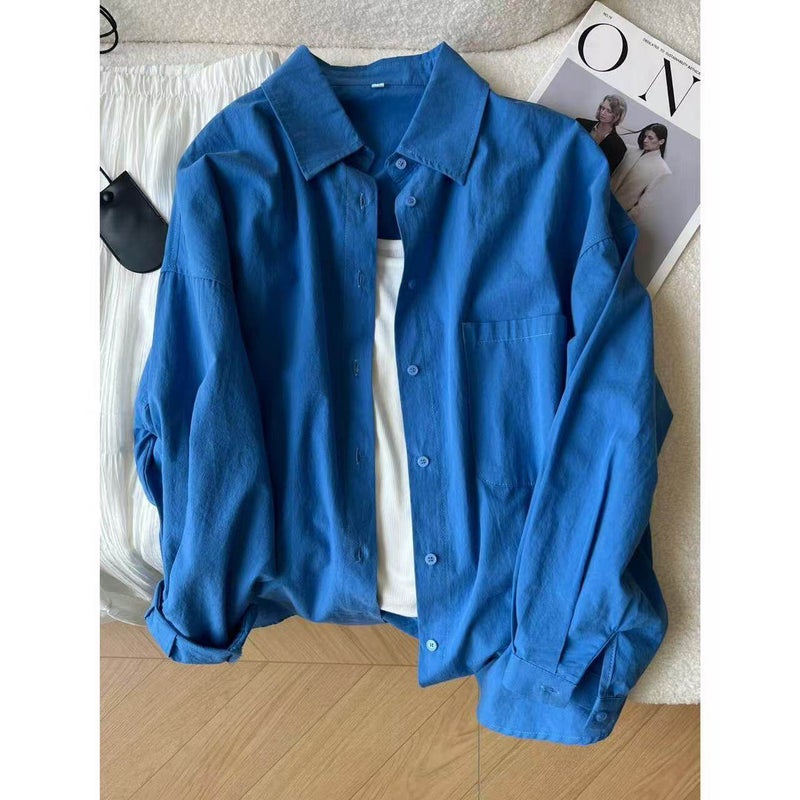 100% pure cotton straight shoulder shirt, women's layering, short height, loose coverage, slimming, long-sleeved shirt, outer wear, sunscreen cardigan - Image 1
