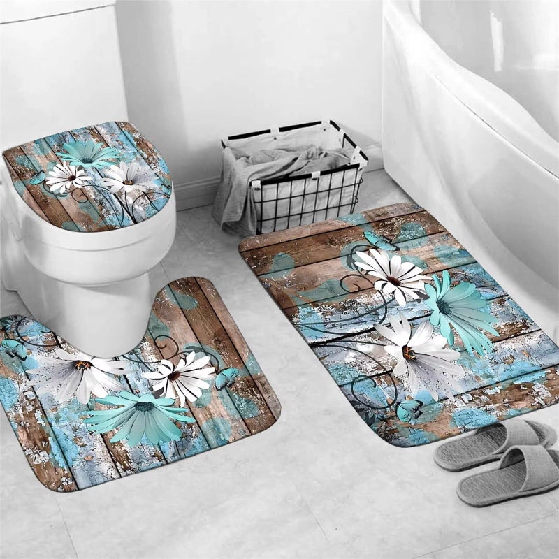 AZHM Farmhouse Flower Floral Shower Curtain Set 4pcs Rustic Teal Turquoise Daisy Bathroom Accessory Set with Rugs and 12 Hooks - Image 3