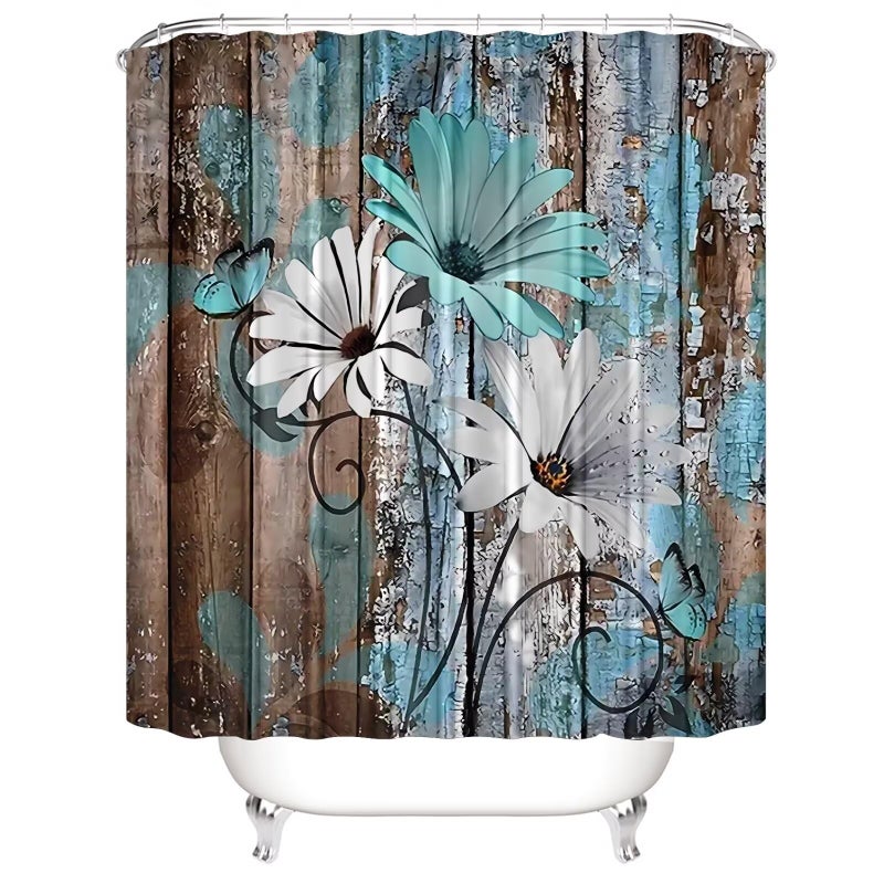 AZHM Farmhouse Flower Floral Shower Curtain Set 4pcs Rustic Teal Turquoise Daisy Bathroom Accessory Set with Rugs and 12 Hooks - Image 2