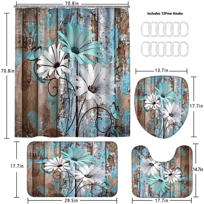 AZHM Farmhouse Flower Floral Shower Curtain Set 4pcs Rustic Teal Turquoise Daisy Bathroom Accessory Set with Rugs and 12 Hooks - Image 4