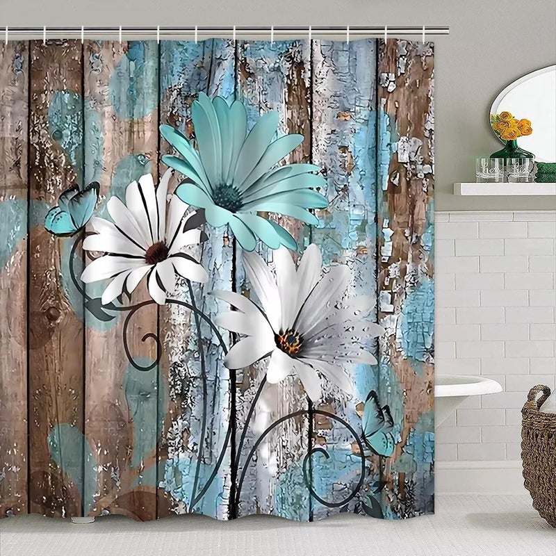AZHM Farmhouse Flower Floral Shower Curtain Set 4pcs Rustic Teal Turquoise Daisy Bathroom Accessory Set with Rugs and 12 Hooks - Image 5