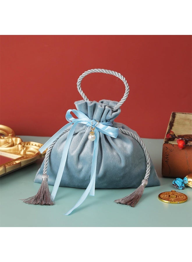 Velvet Jewelry Pouches with Tassels and Pearl, Drawstring, 16x17cm, Set of 20, Blue - Image 2