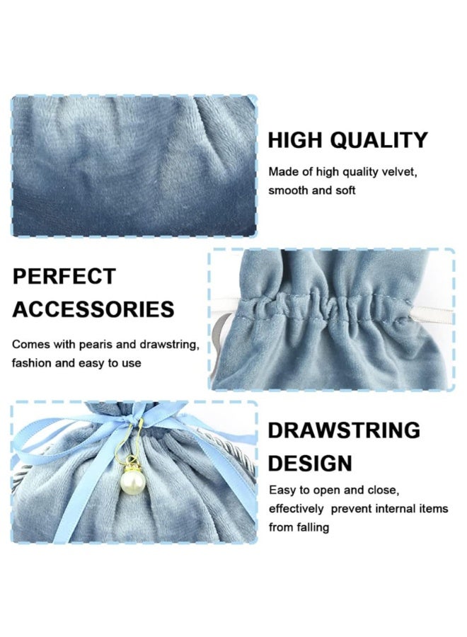 Velvet Jewelry Pouches with Tassels and Pearl, Drawstring, 16x17cm, Set of 20, Blue - Image 4
