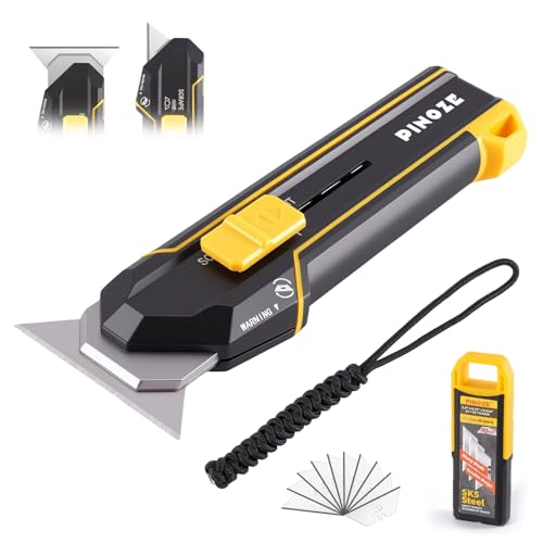 PINOZE Utility Knife Scraper, 3-in-1 Retractable Box Cutter with Lanyard & Blade Storage, Heavy Duty Zinc Alloy Multi-functional Knife with 10pcs SK2 Blades, EDC Tool for Home, Office, DIY - Image 1