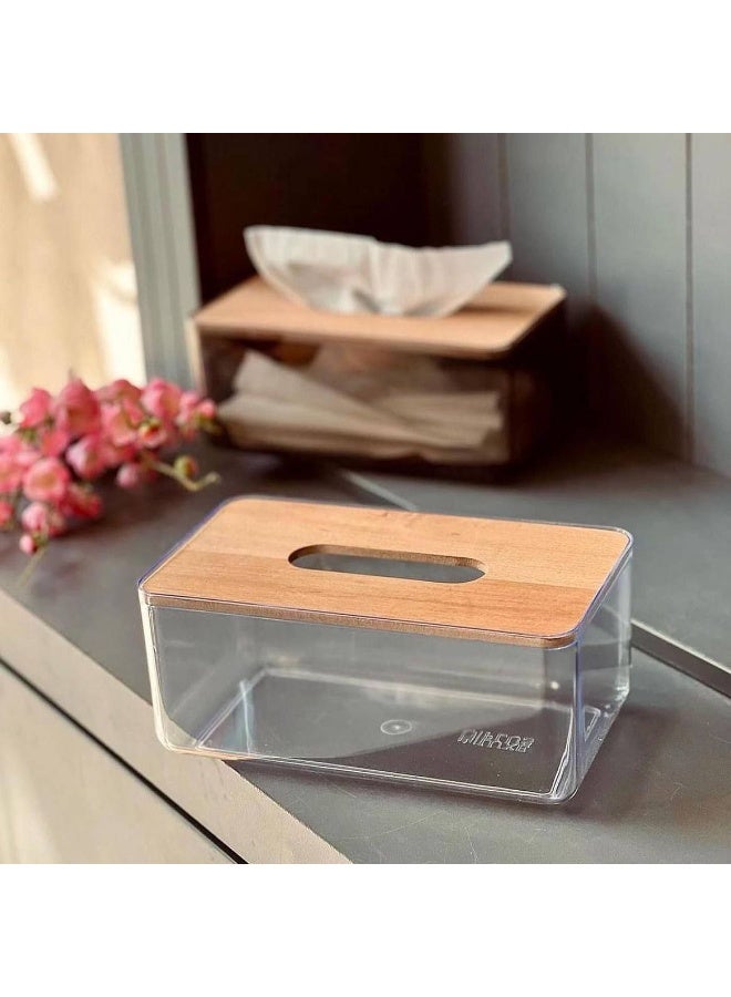 Shatterproof acrylic tissue box with wooden lid - Image 1
