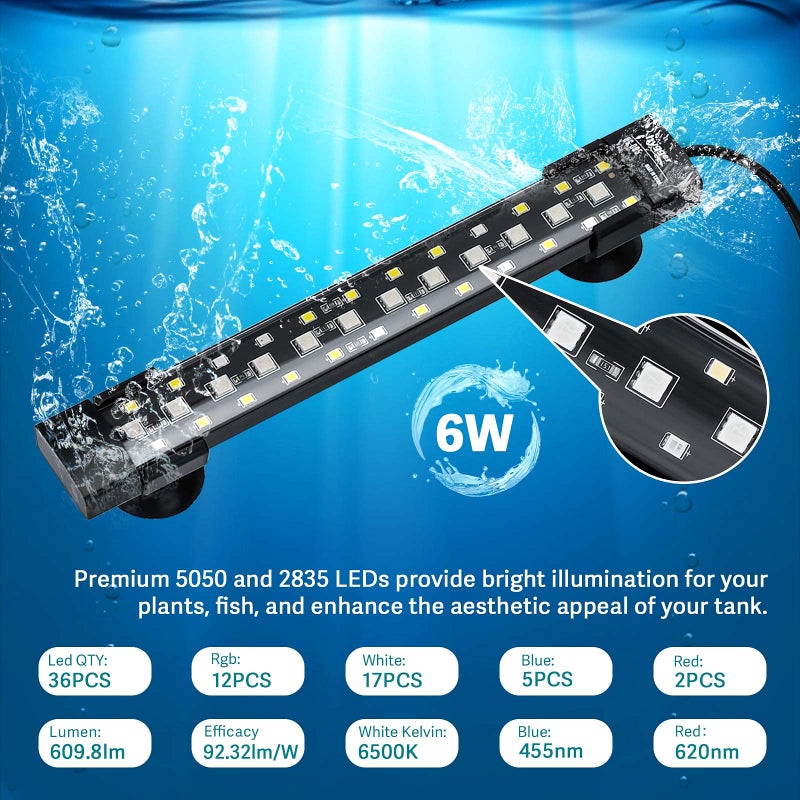 hygger 24/7 Mode Submersible Aquarium LED Light, Full Spectrum Hidden Fish Tank Light with 3 Rows Beads 7 Colors Auto On Off Sunrise-Daylight-Moonlight, Adjustable Timer Brightness 6W - Image 5