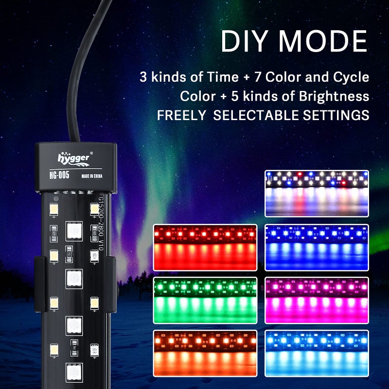 hygger 24/7 Mode Submersible Aquarium LED Light, Full Spectrum Hidden Fish Tank Light with 3 Rows Beads 7 Colors Auto On Off Sunrise-Daylight-Moonlight, Adjustable Timer Brightness 6W - Image 2