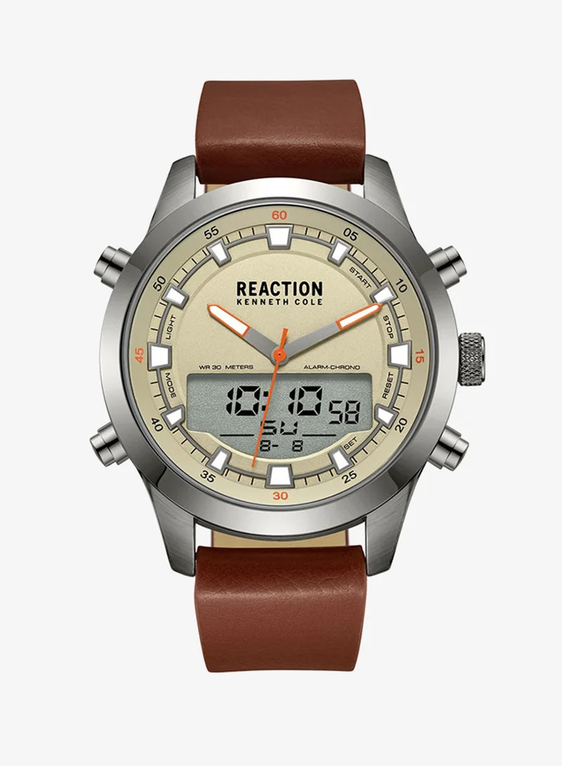 Kenneth Cole Reaction Analogue - Digital Gents Watch With Brown Synthetic Leather Strap 46mm - KRWGD9005301