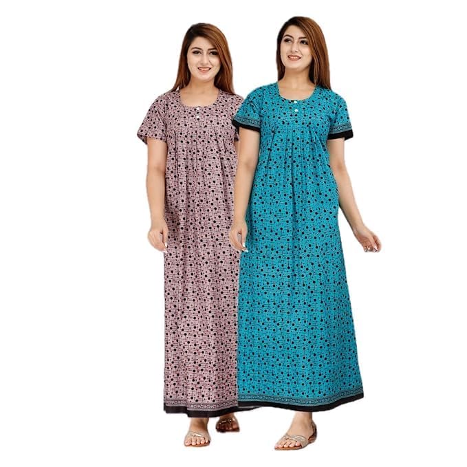 Vlazom Women’s Cotton Printed Maxi Nighty – Ankle Length Night Dress Gown, Pack of 2, Free Size – Soft & Breathable Sleepwear (Purple&Blue_c, Free Size) - Image 1