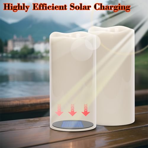 Eldnacele Large Solar Flameless Flickering Candles Outdoor Waterproof, Solar Powered Dusk to Dawn White Plastic LED Pillar Candles Garden Camping Lanterns Wedding Holiday Decor (2Pcs,4" D×8"/10" H) - Image 3
