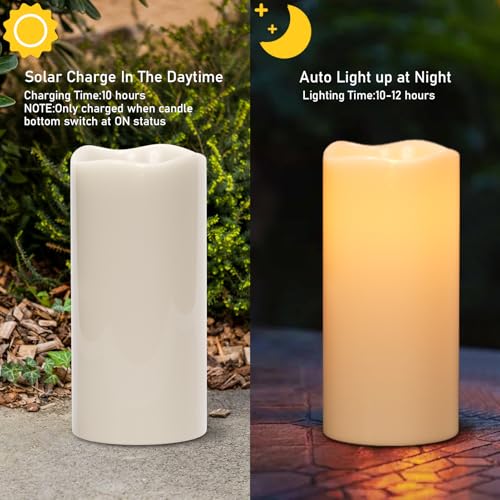 Eldnacele Large Solar Flameless Flickering Candles Outdoor Waterproof, Solar Powered Dusk to Dawn White Plastic LED Pillar Candles Garden Camping Lanterns Wedding Holiday Decor (2Pcs,4" D×8"/10" H) - Image 5