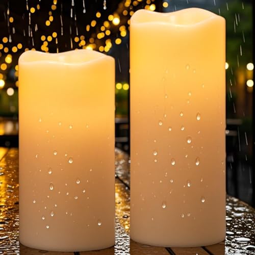 Eldnacele Large Solar Flameless Flickering Candles Outdoor Waterproof, Solar Powered Dusk to Dawn White Plastic LED Pillar Candles Garden Camping Lanterns Wedding Holiday Decor (2Pcs,4" D×8"/10" H) - Image 1