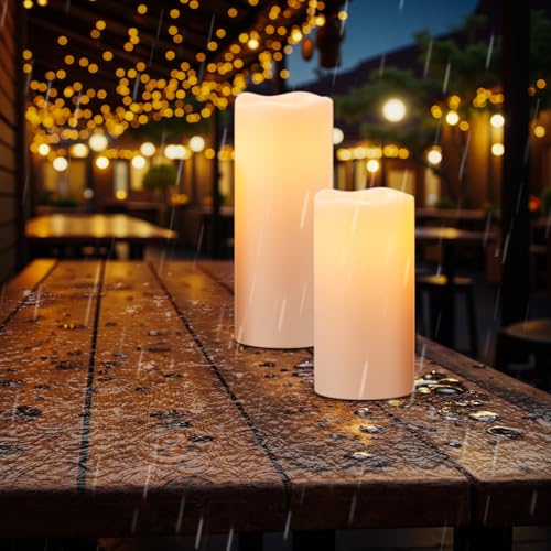 Eldnacele Large Solar Flameless Flickering Candles Outdoor Waterproof, Solar Powered Dusk to Dawn White Plastic LED Pillar Candles Garden Camping Lanterns Wedding Holiday Decor (2Pcs,4" D×8"/10" H) - Image 2
