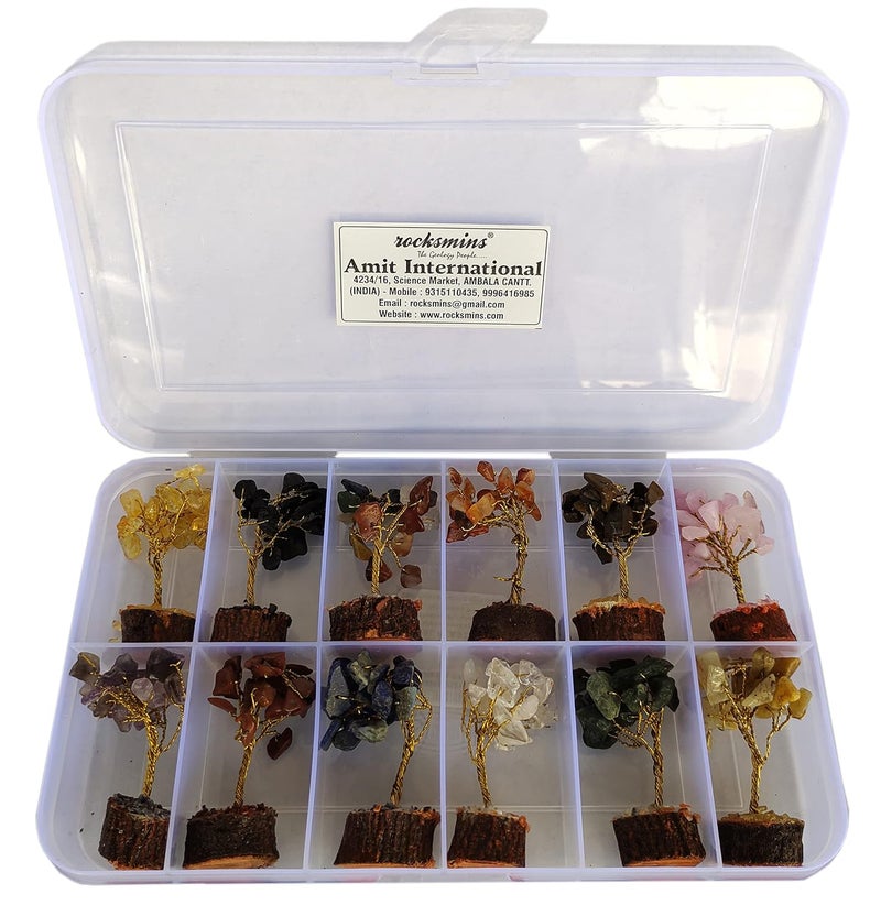 Rocksmins Baby Money Tree Set of 12 Natural Small Size Stone Mini Crystal Trees with Different Gemstones for Good Luck Office and Home Decore Wealth Vastu Prosperity Decoration Original Gemstone - Image 1
